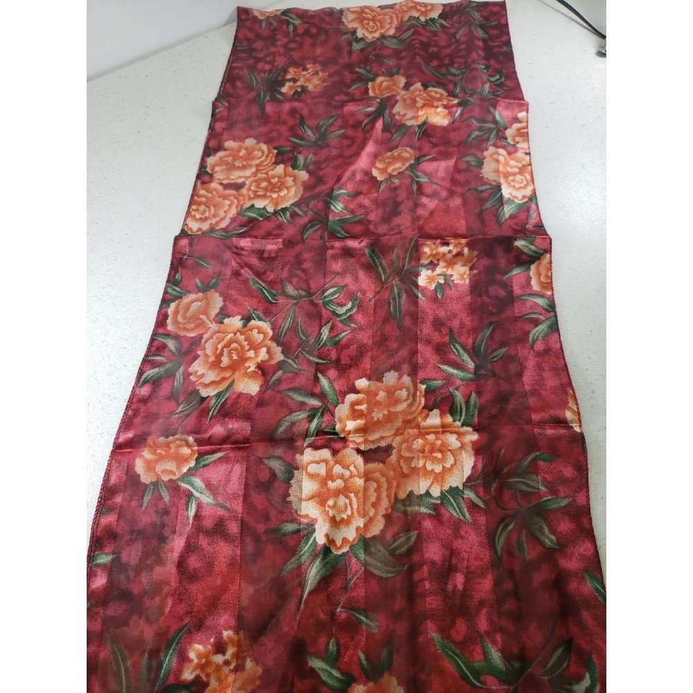 Red with Orange Flowers Long Wrap Scarf 60x13.5 Long Wrap Silk Feel